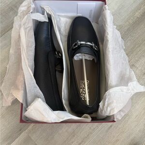 Salvatore Ferragamo Black Leather Loafers with Silver Accent